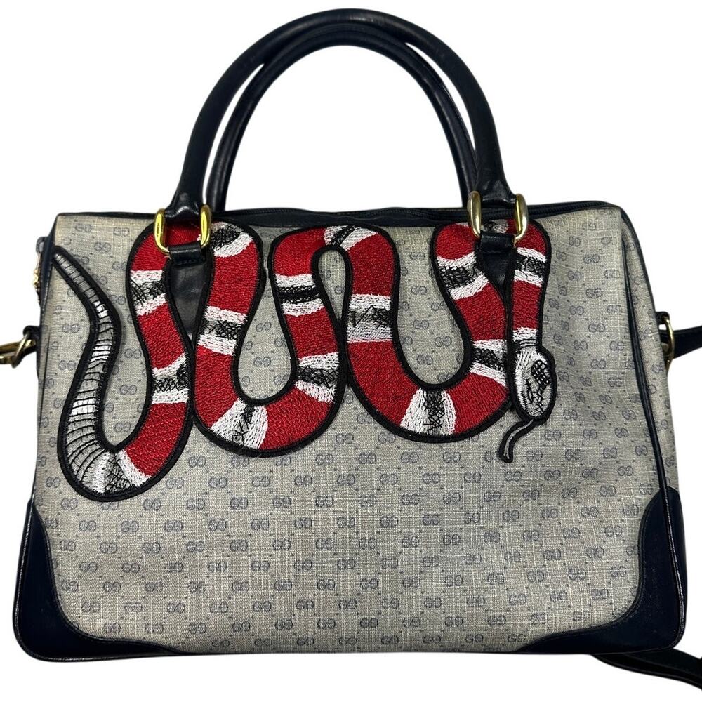 Gucci Satchel Micro GG Navy Leather Embroidered Snake